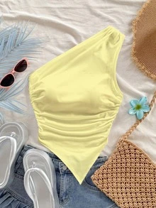 Soleia Pale Yellow Asymmetric Hem Shoulder Off Top, Suitable For Summer Vacation - Yellow - View 7