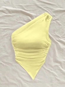 Soleia Pale Yellow Asymmetric Hem Shoulder Off Top, Suitable For Summer Vacation - Yellow - View 6