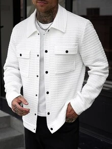 Manfinity CasualCool 男士白色休閒秋季夾克，百搭度假鈕扣襯衫外套，紋理工裝口袋襯衫 - 白色 - 查看 4