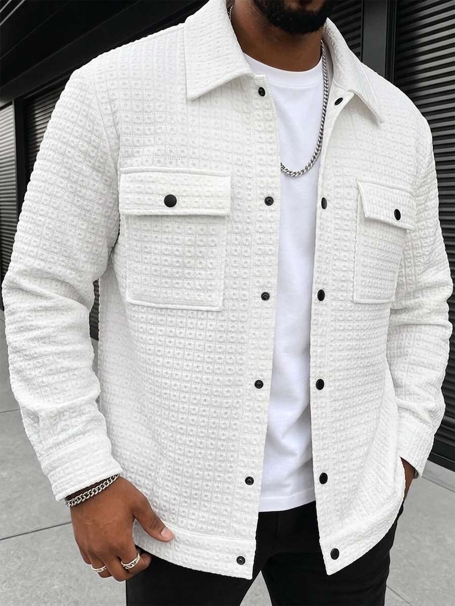 Manfinity CasualCool Men's White Casual Autumn Jacket,Versatile Holiday Button Up Shacket,Textured Workwear Pocket Shirt - White - View 1