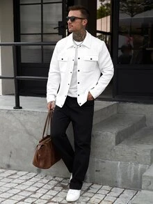 Manfinity CasualCool 男士白色休閒秋季夾克，百搭度假鈕扣襯衫外套，紋理工裝口袋襯衫 - 白色 - 查看 7