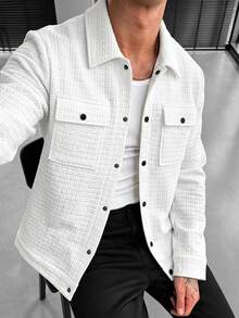 Manfinity CasualCool 男士白色休閒秋季夾克，百搭度假鈕扣襯衫外套，紋理工裝口袋襯衫 - 白色 - 查看 1