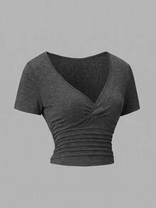 EMERY ROSE Women's Summer Solid Color Overlapping V-Neck Short Sleeve Fitted Casual Holiday Cropped T-Shirt - Dark Grey - View 4
