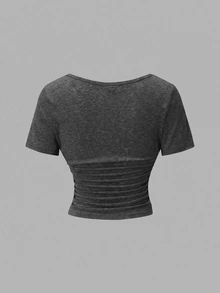 EMERY ROSE Women's Summer Solid Color Overlapping V-Neck Short Sleeve Fitted Casual Holiday Cropped T-Shirt - Dark Grey - View 2