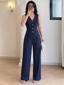 Modelyn 海軍藍垂直條紋無袖V領西裝背心，專業通勤商務套裝，時尚優雅女款兩件式西裝套裝 - 彩色 - 查看 6