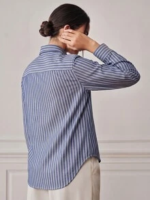 Anewsta Essential Women's New Elegant Commute Long Sleeve Loose Striped Shirt, Office, Elegant - Blue - View 2
