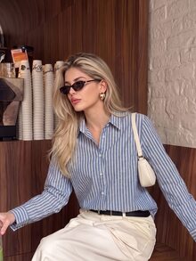 Anewsta Essential Women's New Elegant Commute Long Sleeve Loose Striped Shirt, Office, Elegant - Blue - View 5