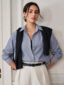 Anewsta Essential Women's New Elegant Commute Long Sleeve Loose Striped Shirt, Office, Elegant - Blue - View 8