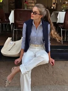 Anewsta Essential Women's New Elegant Commute Long Sleeve Loose Striped Shirt, Office, Elegant - Blue - View 4