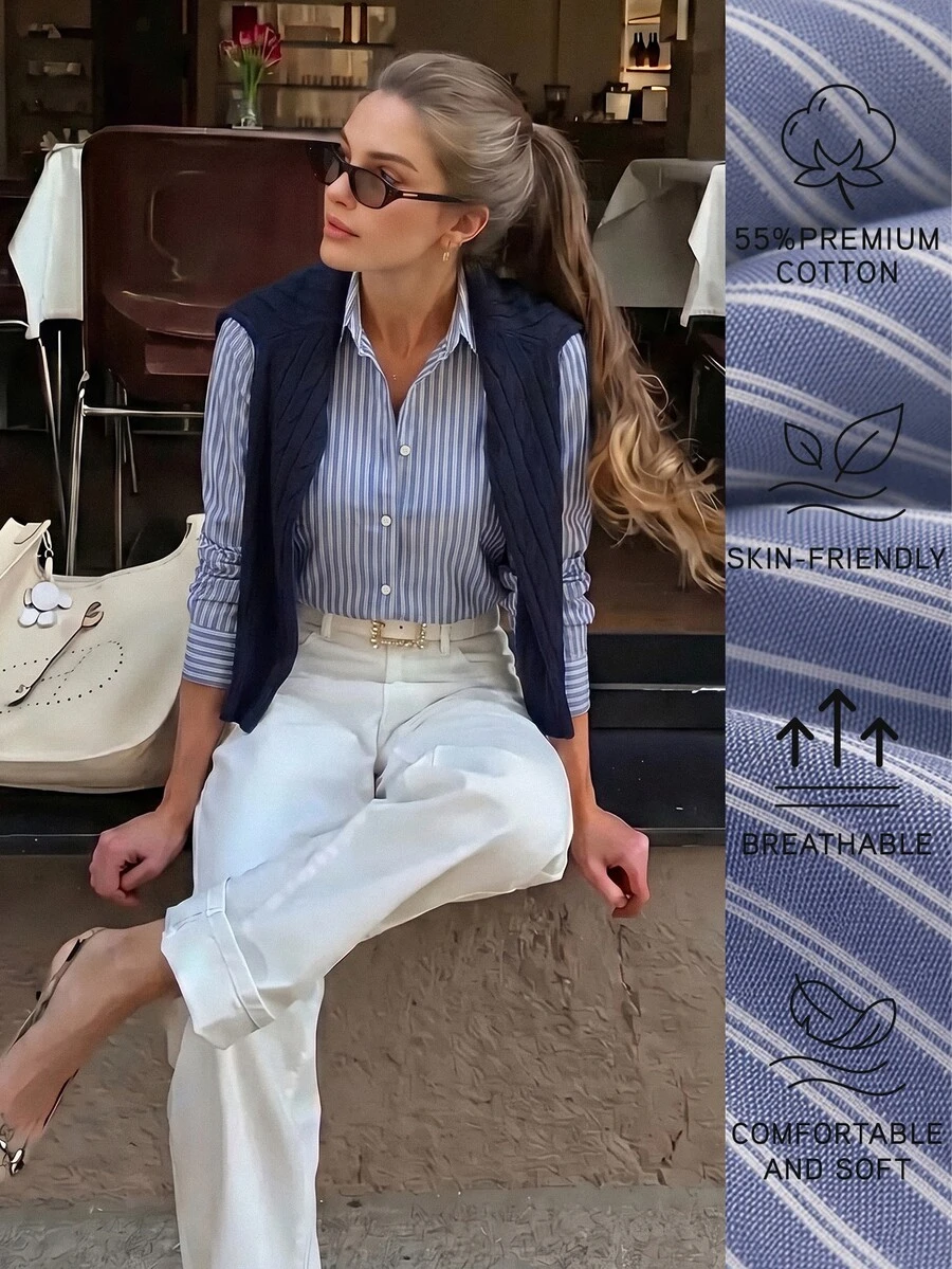 Anewsta Essential Women's New Elegant Commute Long Sleeve Loose Striped Shirt, Office, Elegant - Blue - View 1