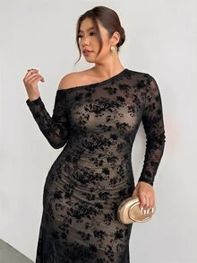 Firerie 大尺碼女款舒適休閒優雅度假單肩露肩抓皺上衣，適合秋冬、聖誕節、感恩節、新年、迪斯可場合 - 黑色 - 查看 8