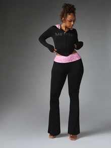 BABYPHAT Utsvängda leggings med rosa leopardmönstrad midjeband och strasslogodetalj, hellånga med vikbar midja - Svart - Visa 5