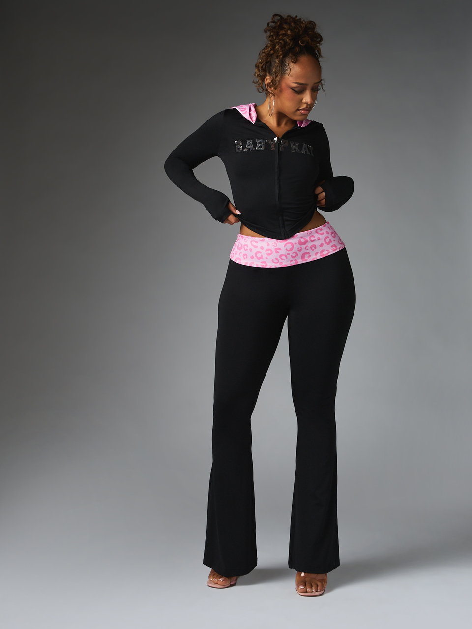 BABYPHAT Flared Leggings With Pink Leopard Print Waistband And Rhinestone Logo Detail Full Length Fold-Over Style