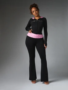 BABYPHAT Utsvängda leggings med rosa leopardmönstrad midjeband och strasslogodetalj, hellånga med vikbar midja - Svart - Visa 3