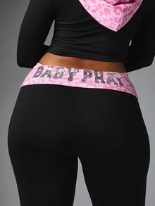 BABYPHAT Utsvängda leggings med rosa leopardmönstrad midjeband och strasslogodetalj, hellånga med vikbar midja - Svart - Visa 1