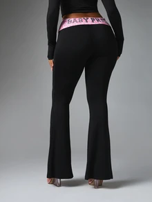 BABYPHAT Utsvängda leggings med rosa leopardmönstrad midjeband och strasslogodetalj, hellånga med vikbar midja - Svart - Visa 4