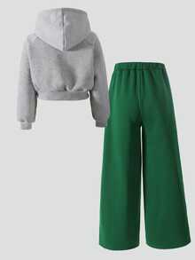 Sets Teen Girl Fashion Casual Streetwear Short Hoodie And Wide Leg Pants Set, Grey Versatile Warm Outfit, Autumn Clothing Birthday Formal - Green - View 2