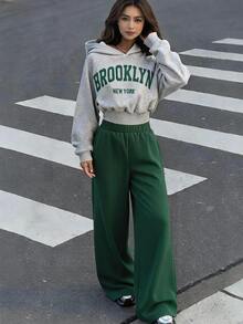 Sets Teen Girl Fashion Casual Streetwear Short Hoodie And Wide Leg Pants Set, Grey Versatile Warm Outfit, Autumn Clothing Birthday Formal - Green - View 1