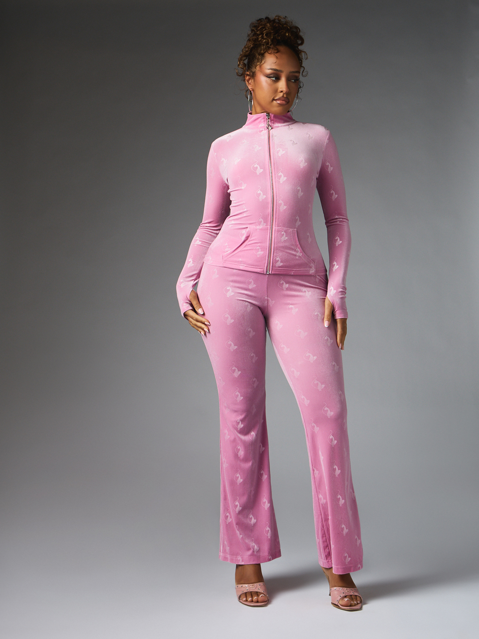 BABYPHAT Velvet Flared High Rise Full Length Casual Pants With Bunny All Over Print Pattern Flare Leg Holiday Party Style
