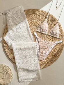 SHEIN Swim 春夏女款白色幾何菱形鏤空蕾絲三件式泳衣套裝，掛脖比基尼上衣、高衩泳褲、寬腿長褲，性感 - 白色 - 查看 3