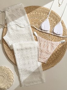 SHEIN Swim 春夏女款白色幾何菱形鏤空蕾絲三件式泳衣套裝，掛脖比基尼上衣、高衩泳褲、寬腿長褲，性感 - 白色 - 查看 2