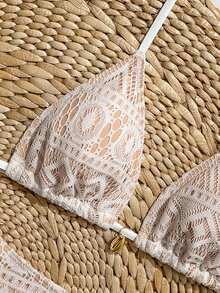 SHEIN Swim 春夏女款白色幾何菱形鏤空蕾絲三件式泳衣套裝，掛脖比基尼上衣、高衩泳褲、寬腿長褲，性感 - 白色 - 查看 6