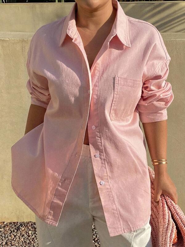 Dazy Plus Solid Color Casual Pocket Shirt Collar Loose Pink Long Sleeve Denim Shirt Top Spring Autumn