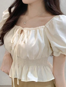 DAZY Short Tie-Waist Puff Sleeve Women's Blouse,Ruffle,Babydoll Top Cute Tops - Beige - View 3