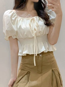 DAZY Short Tie-Waist Puff Sleeve Women's Blouse,Ruffle,Babydoll Top Cute Tops - Beige - View 4