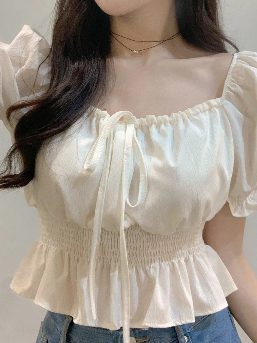 DAZY Short Tie-Waist Puff Sleeve Women's Blouse,Ruffle,Babydoll Top Cute Tops - Beige - View 1