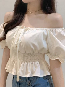 DAZY Short Tie-Waist Puff Sleeve Women's Blouse,Ruffle,Babydoll Top Cute Tops - Beige - View 6