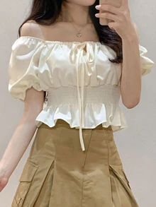 DAZY Short Tie-Waist Puff Sleeve Women's Blouse,Ruffle,Babydoll Top Cute Tops - Beige - View 7