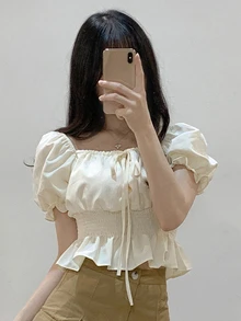 DAZY Short Tie-Waist Puff Sleeve Women's Blouse,Ruffle,Babydoll Top Cute Tops - Beige - View 2