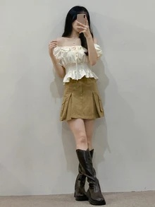 DAZY Short Tie-Waist Puff Sleeve Women's Blouse,Ruffle,Babydoll Top Cute Tops - Beige - View 8