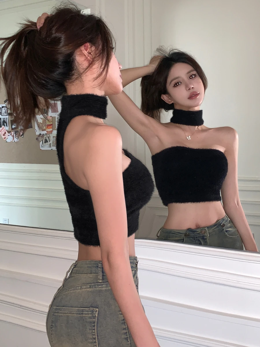 DAZY Solid Crop Fluffy Bandeau Festival Tube Tops - Black - View 1