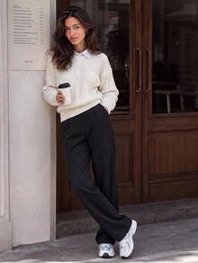 DAZY High Waist Fold Pleated Suit Trousers - Black - View 9
