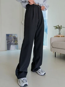 DAZY High Waist Fold Pleated Suit Trousers - Black - View 1