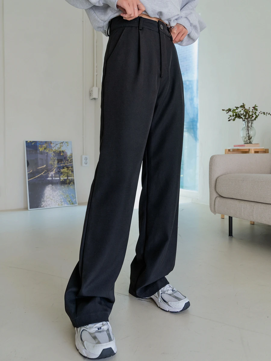 DAZY High Waist Fold Pleated Suit Trousers - Black - View 1