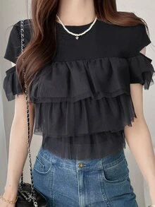 FRIFUL Women's Fashionable Versatile Multi-Layer Hem T-Shirt, Suitable For Dates - Black - View 7