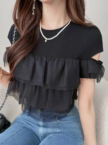 FRIFUL Women's Fashionable Versatile Multi-Layer Hem T-Shirt, Suitable For Dates - Black - View 4