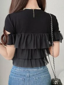 FRIFUL Women's Fashionable Versatile Multi-Layer Hem T-Shirt, Suitable For Dates - Black - View 2