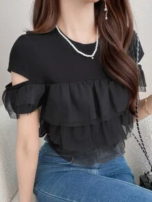 FRIFUL Women's Fashionable Versatile Multi-Layer Hem T-Shirt, Suitable For Dates - Black - View 5