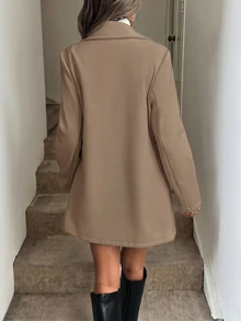 Easowa 秋冬杏色休閒極簡風女款工作服 缺口領長袖羊毛混紡 - 駝色 - 查看 2