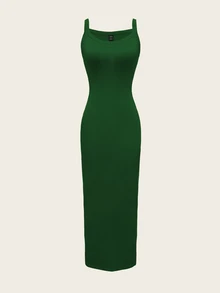 Xyvia 女士纯色优雅修身性感吊带连衣裙，夏季长款女装 - 墨綠色 - 查看 3