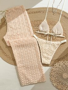 SHEIN Swim 2026春夏女款溫柔淺米色波浪紋理三件式泳衣套裝，掛脖三角比基尼上衣、側綁高衩泳褲、外褲，性感 - 米色 - 查看 3
