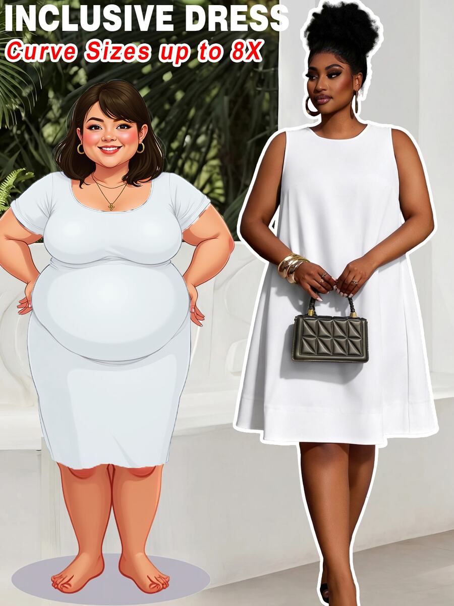 SHEIN CURVE+ 春夏新款度假休闲纯白色宽松无袖A字加大码迷你连衣裙
