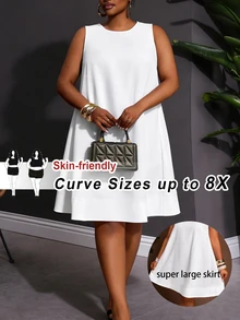 SHEIN CURVE+ 春夏新款度假休闲纯白色宽松无袖A字加大码迷你连衣裙 - 白色 - 查看 11