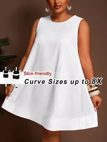SHEIN CURVE+ 春夏新款度假休闲纯白色宽松无袖A字加大码迷你连衣裙 - 白色 - 查看 10