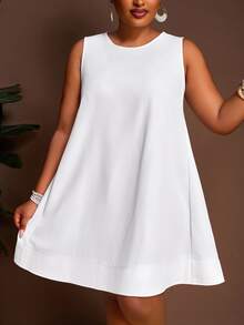 SHEIN CURVE+ 春夏新款度假休闲纯白色宽松无袖A字加大码迷你连衣裙 - 白色 - 查看 9
