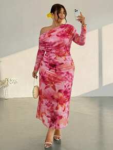 Sassy Hour Plus Size Vintage Sexy Vacation Floral Print Asymmetrical Shoulder Ruched Dress Elegant Cocktail Night Party Formal Women Wedding Guest Pink Fall - Multicolor - View 8
